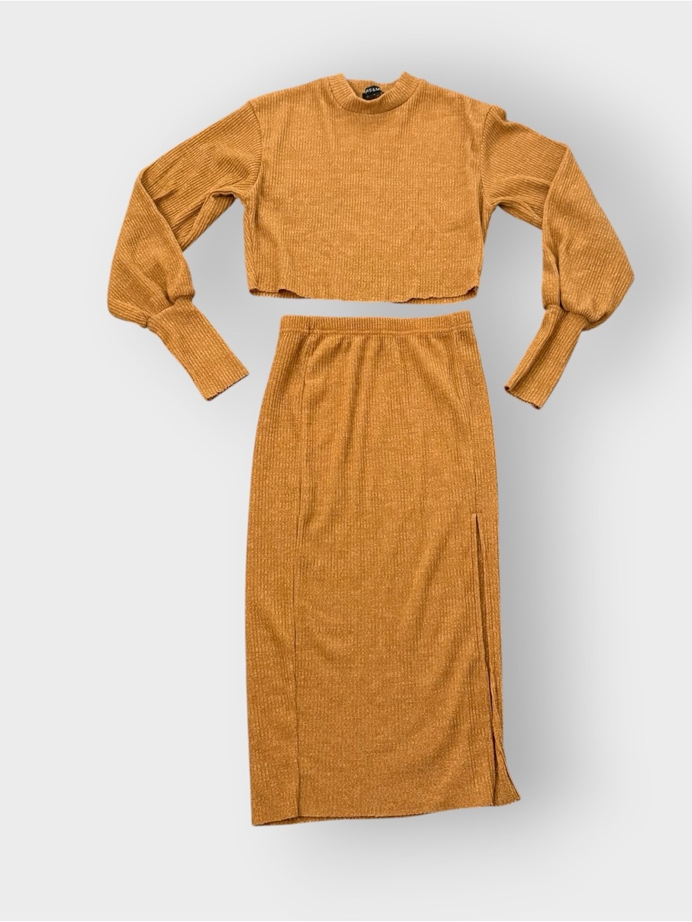 Hers & Mine Mustard 2-Piece Ribbed Mock Neck Balloon Sleeve with Pencil Skirt